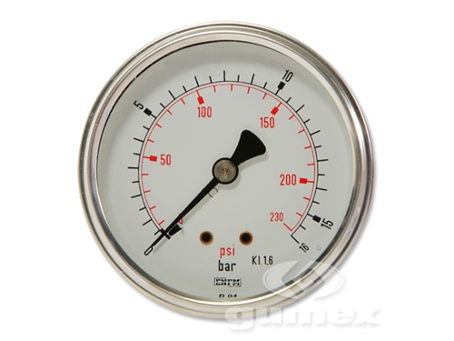 Manometer glycerínový so zadným vývodom, priemer 63mm, vonkajší závit G 1/4", 0-16bar, trieda presnosti 1,6%, priezor akryl, púzdro nerezová oceľ, -40°C/+60°C